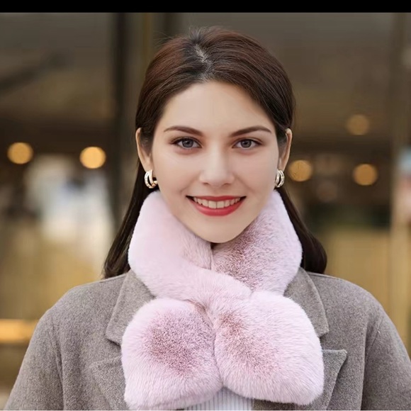 Accessories - - Pink Elegant Faux Fur Collar Scarf. Plush Cross Tie Neck Scarf Rabbit F…